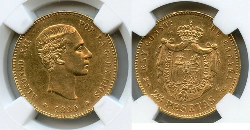 SPAIN G25P 1880(80) MSM Alfonso XII GOLD 25 pesetas SCARCE NGC UNC Dtls
