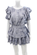 Love Shack Fancy Womens Cotton Tie Dye Ruffle Short Sleeve Dress Blue Size S