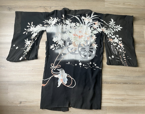 Vintage Black Kimono Jacket Robe Floral Leaf Japan