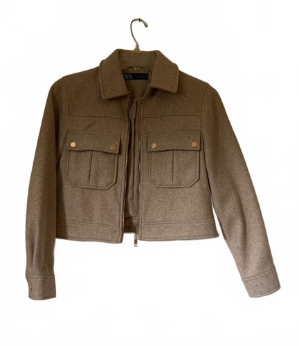 Zara Cropped Wool Blend Jacket in Brown, Size S