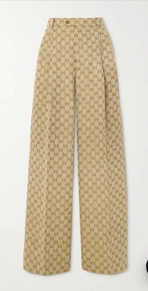 Pantalon plissé jambes larges beige lin jacquard logo GUCCI GG taille 38 UK 8