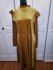 Gold Velour Mock Neck Velour Dress XL Stretch Ruffle Christmas New Year Party