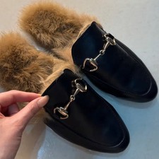 Black Leather Fur Slippers - Luxury Warm Footwear