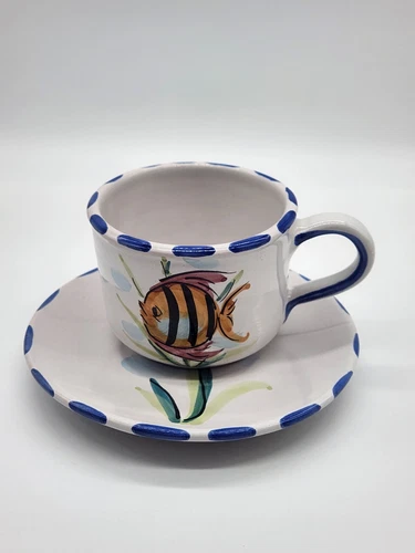 Vintage Made in Italy for Vietri Inc Art Pottery Fish Coffee Mug Cup and Saucer