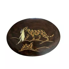 Vintage Wood Marquetry Inlaid Oval Wild Cat with Goat African Shelf Sitter Decor
