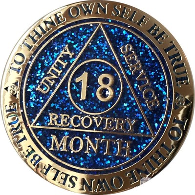 18 Month AA Medallion Reflex Blue Glitter Gold Plated Sobriety Chip