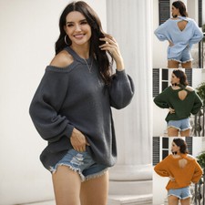 Women Neck Knitted Pullover Sweater Off Shoulder Long Sleeve Loose Casual