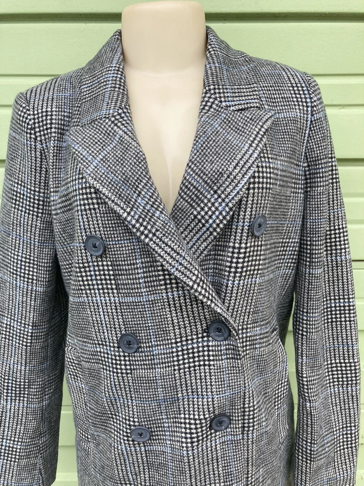 New ZARA Woman Grey Blue Checkers Coat Long Sleeve Button Front size S Y276J - Image 2 of 4