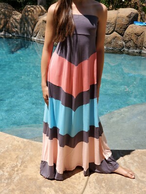 Maya Antonia Super SOFT Rayon Grey-Light Blue-Coral Strapless Dress, Color-Block