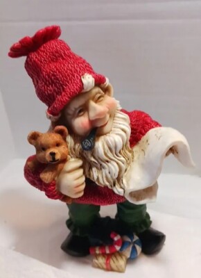 Santa's Elf Teddy Bear With List Presents At Feet Resin Material 6''