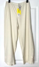 CITRON Santa Monica White Silk Linen Pull-On Elastic Waist Button Hem Pants M