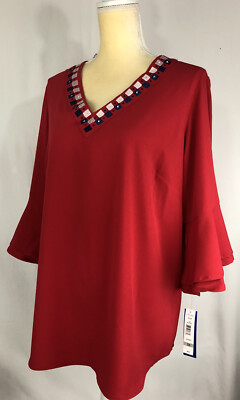 Nygard Women Blouse Shirt 1X Plus Top Pullover Stretch Bell Sleeve Red New 