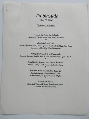 La Bastide restaurant menu Travelers Rest, SC May 12, 2000