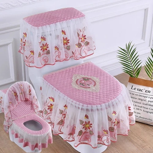 3 Pcs/set Floral Lace Mesh Velvet Toilet Seat Cover Zipper Lid Pads Protector - Picture 12 of 24