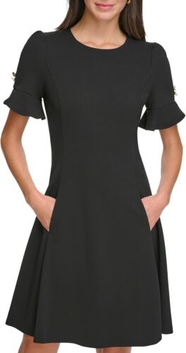 DKNY Womens Mini Dress Scuba Crepe Jewel Neck Puff Sleeves Back Zip Black Size 6