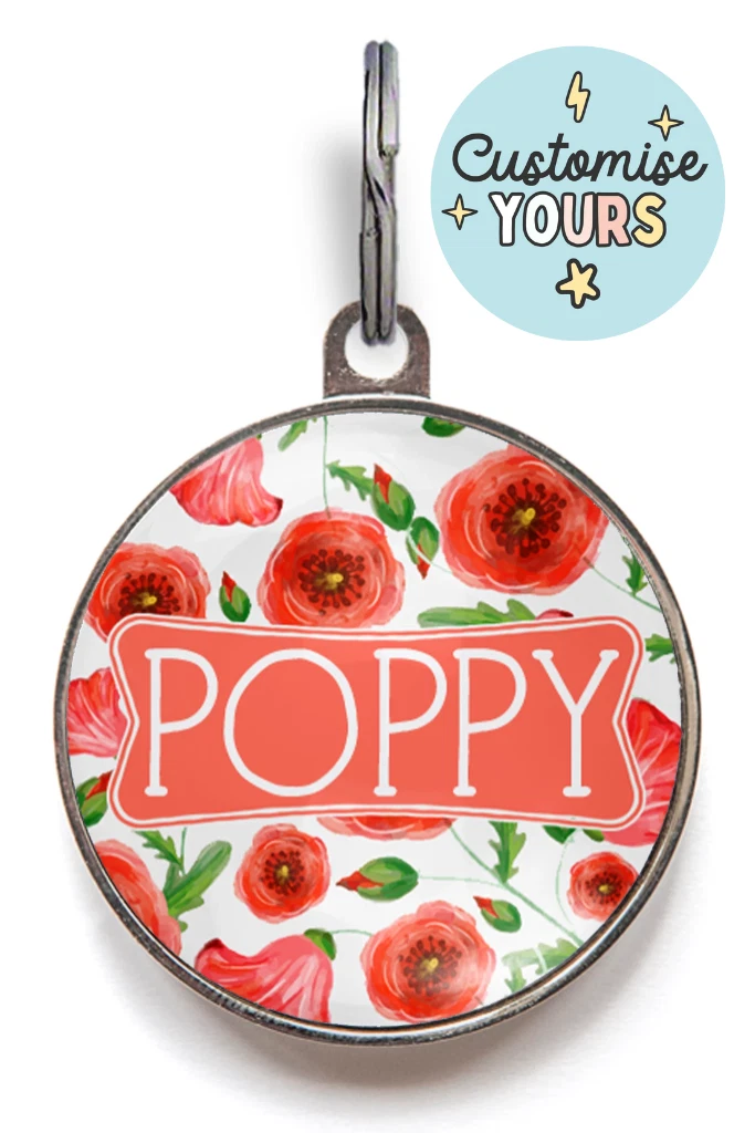 Poppy Dog ID Tag Personalised Pet Name Collar Tag Floral Design