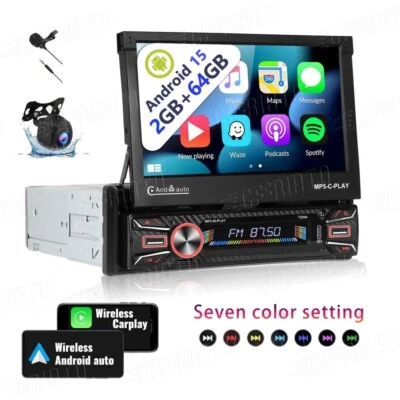 CFRIATO Android 15 Flip Out Car Radio Stereo Apple Carplay SWC Single 1 DIN 2+64GB +CAM