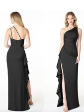 Azazie NWT Latrice One-Shoulder Black Ruffle Ruch High Slit Maxi Dress Size A10