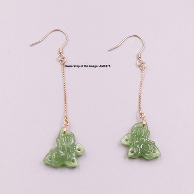 NEW 925 Sterling Silver Rose Plated Dangle Earrings Natural Green Jade Butterfly