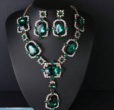 JEWELRY SET-GREEN Rhinestone Inlaid Luxury Elegant Earrings and Necklace