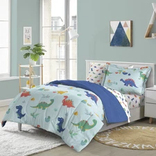 Dream Factory Dino Full Bed in a Bag Set for Boys - Blue Microfiber