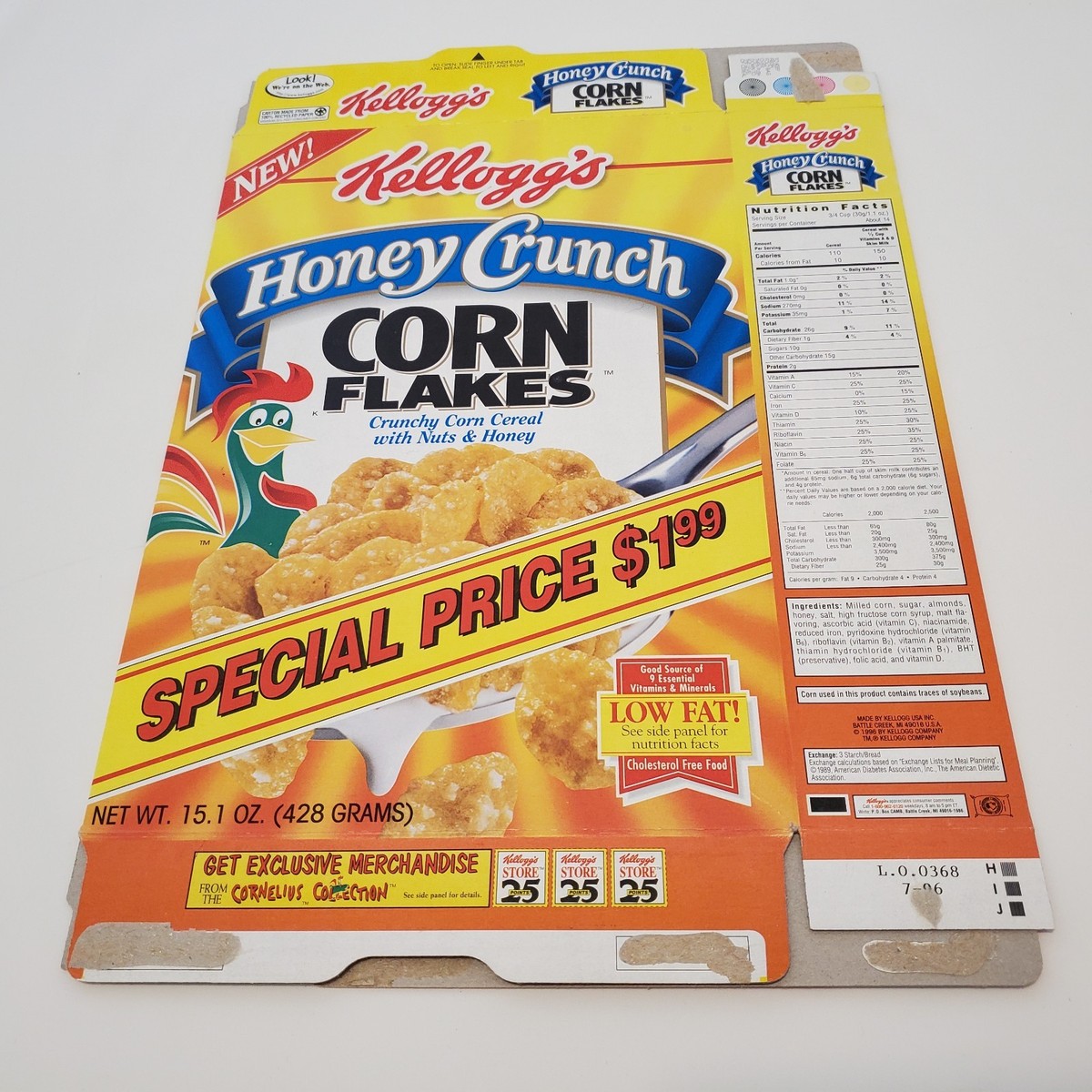 New* 1996 Kellogg's Honey Crunch Corn Flakes Cereal Box Cornelius