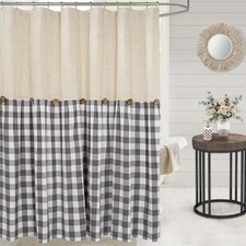 Linen Button Farmhouse Shower Curtain,Linen and Cotton Fabric,Pleated Gray and W