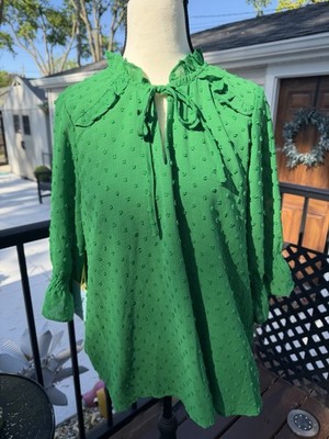 CeCe Kelly Green Clip Dot Blouse Ruffle Tie Neck 3/4 Sleeve Women Top Large