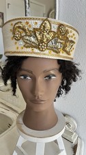 Vtg 60s White Woven Straw Pillbox Hat Gold Sequin Bead Embroidery Formal MCM