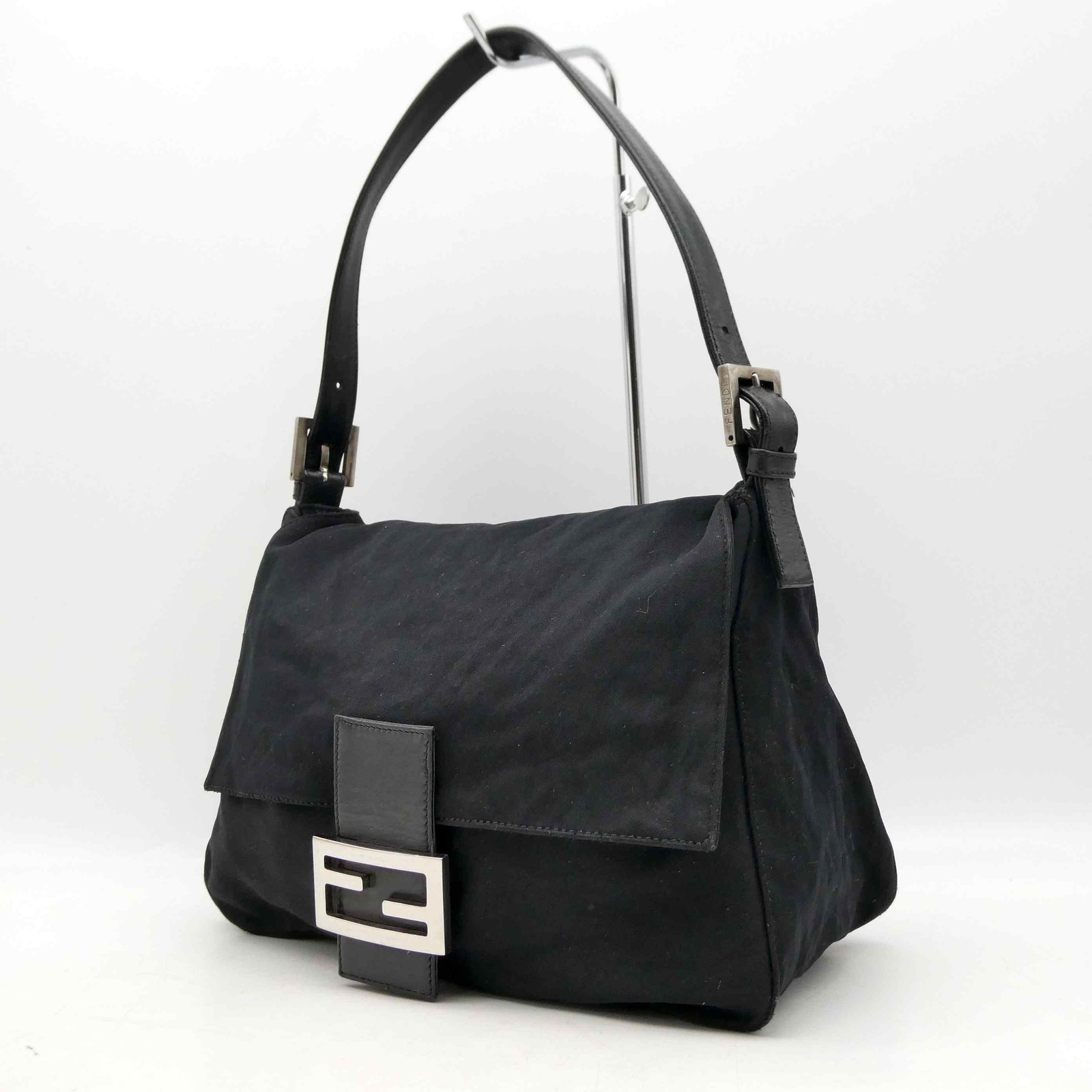 FENDI Mamma Baguette Shoulder bag FF Logo Handbag Black Cotton Leather Auth 1019