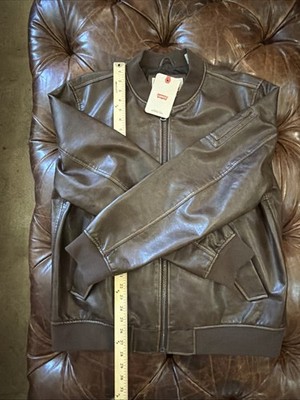 NWT Levi's Mens Faux Leather Varsity Bomber Jacket Size XL Long Sleeve Brown