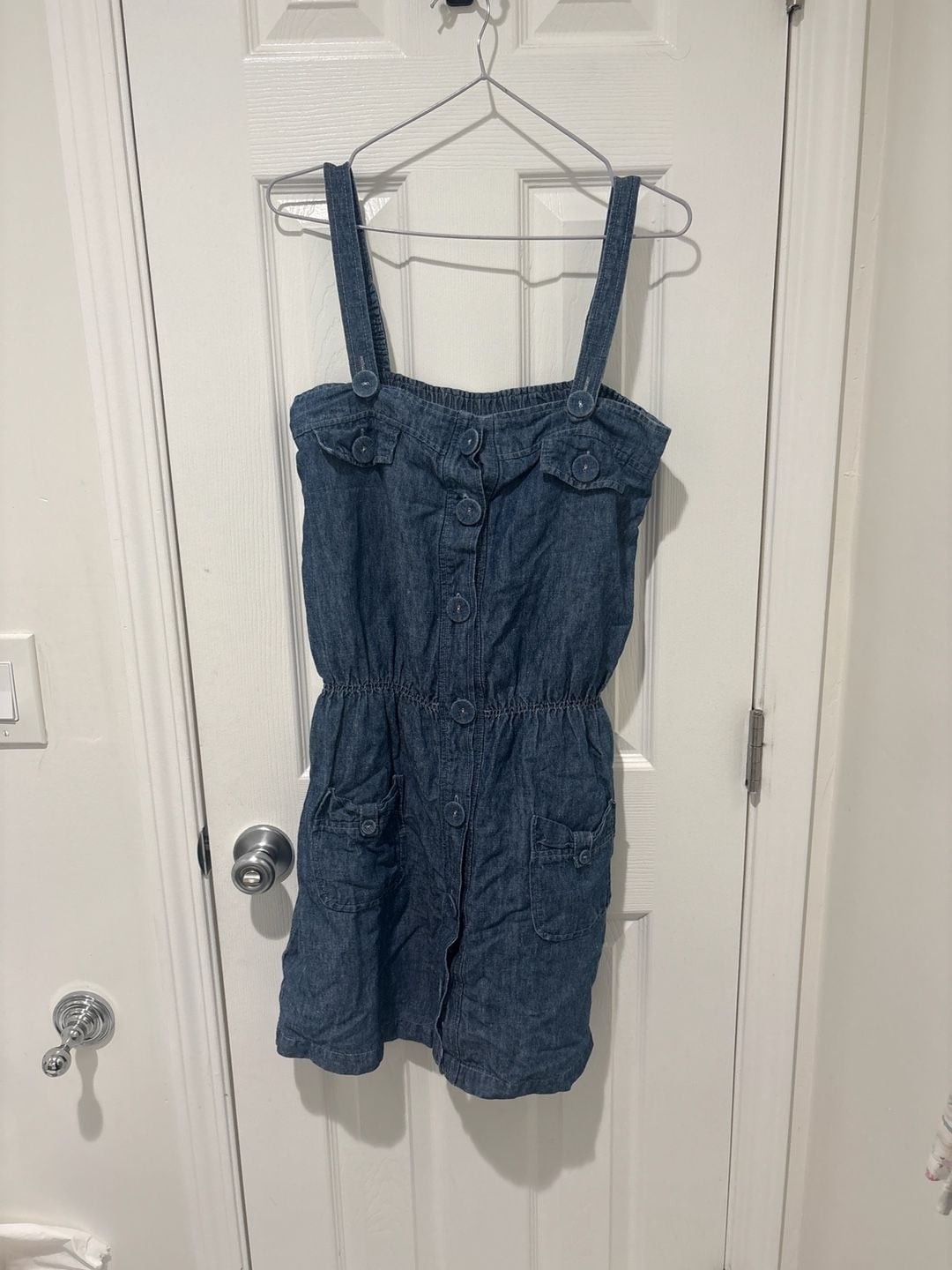 Vintage Style Button-Front Denim Pinafore Overall Dress with