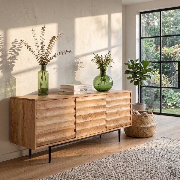Lowboard TV Schrank 150 Cm Aus Akazienholz Mit 3 TüRen Und Wellenfront Natur-image
