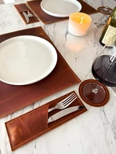 Leather Placemat Set | Rustic Handmade Table Mat | Coasters & Cutlery Holder