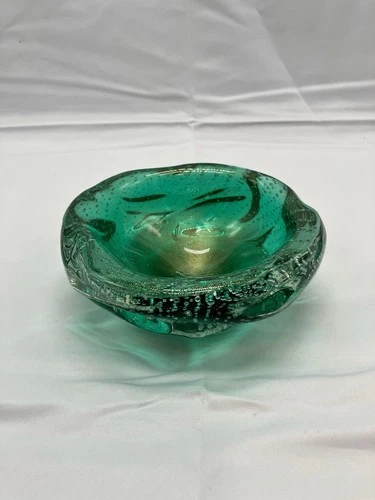 1960's Italian Art glass Archimede Seguso Green bowl Gold leaf flake Murano MCM