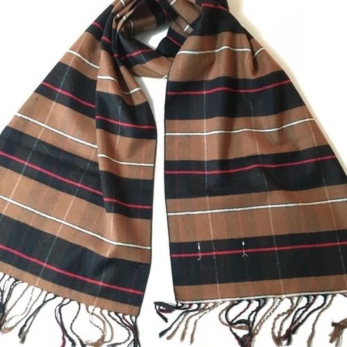 100% Fine Silk Scarf Brown Red Plaid Rectangle 12" x 66" Feels Like Soft Wool