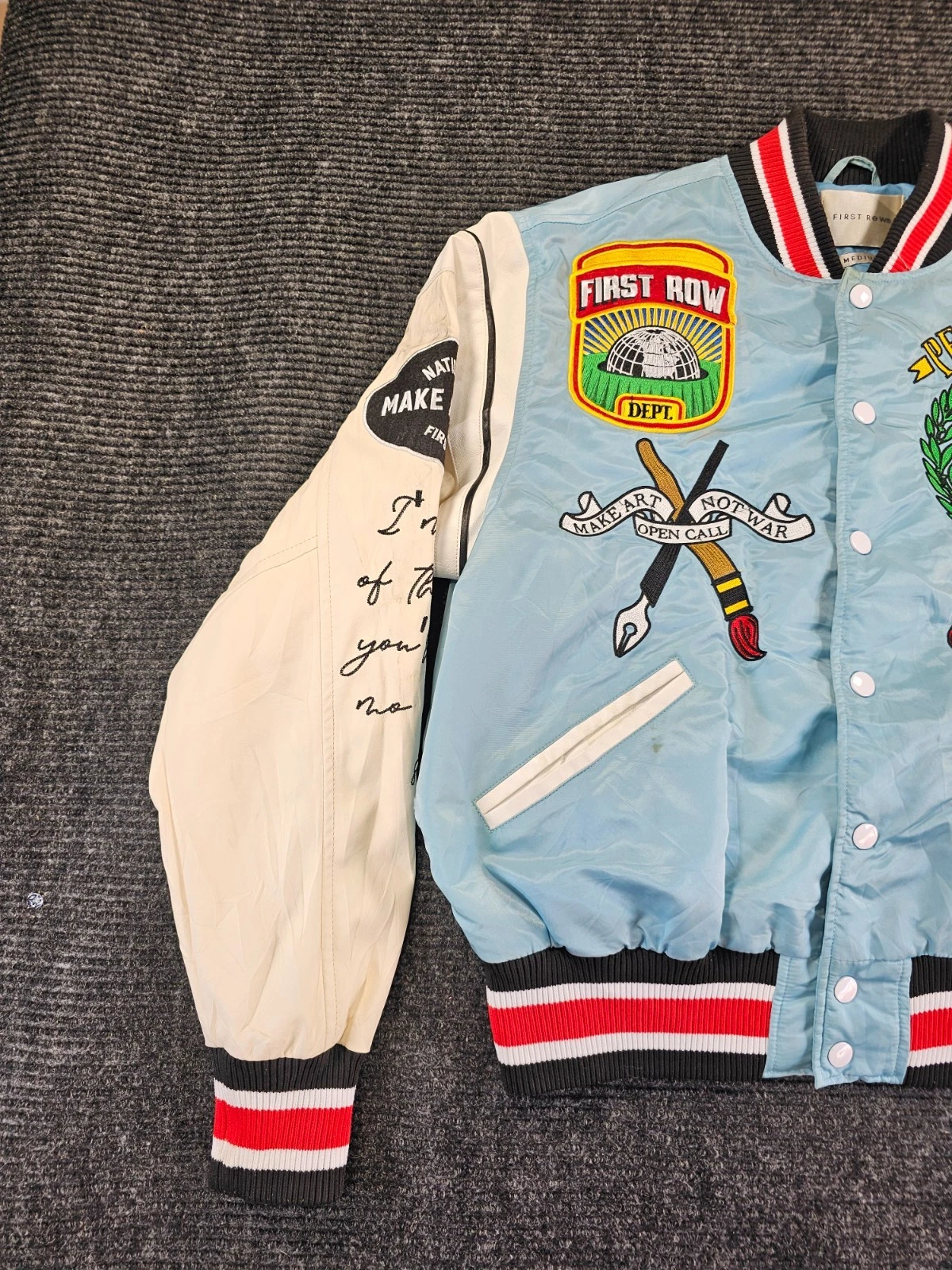 First Row Jacket Pen & Brush Varsity Jacket Mens Medium Sky Blue Quilted Lined - product detail image 3