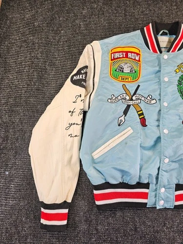 First Row Jacket Pen & Brush Varsity Jacket Mens Medium Sky Blue Quilted Lined image 3
