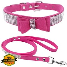 Haoyueer XS Dog Cat Collar Leash Set Hot Pink Suede Rhinestone