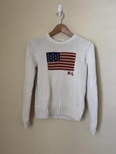 Polo Ralph Lauren American Flag Sweater USA Knit Crewneck Cream Small