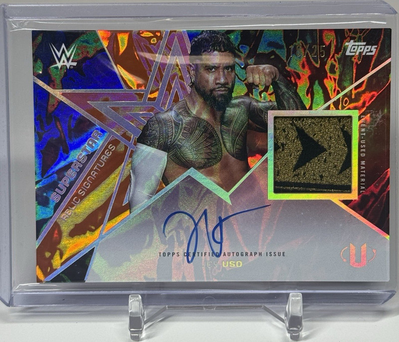 2025 Topps WWE Universe Jey Uso Superstar Relic Auto Orange Warp /25 Event Used