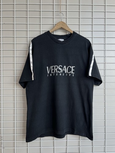 Versace, Versace Intensive Black Side Stripe Print Logo T-Shirt Mens L Black Vintage
