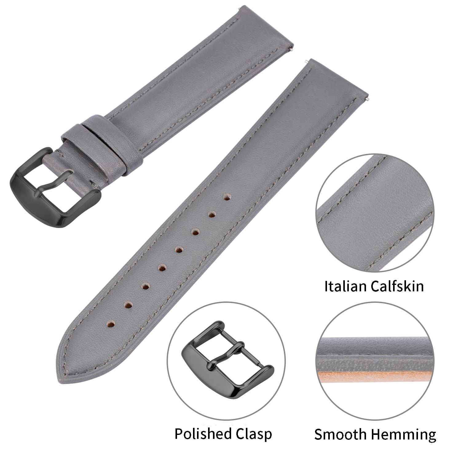 Bracelet montre 21mm cuir interchangeable gris pour remplacer une sangle usée
