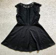 NWT Forever 21 Black Fit & Flare Scuba Dress Size L Fitted Sheer Lace Back