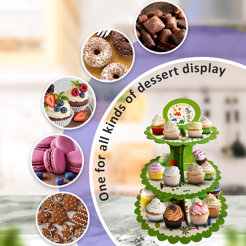 AEX 3 Tier Cake Stand Kids Party Dinosaur Muffin Cupcake Dessert Holder Supplies - Picture 5 of 8