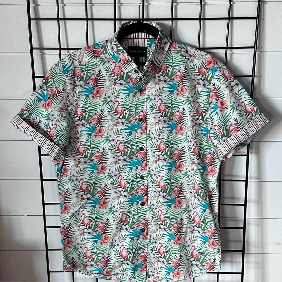 Camisa Daniel Hechter Paris Para Hombres SS Abotonada M Azul Multicolor Flamenco Floral Foto 3 de 4