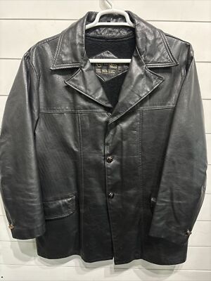 Vtg Sears Mens Shop Leather Long Jacket Trench Coat Size 44 70s Disco Mafia Mob