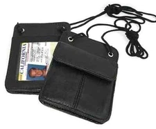 Black Genuine Leather ID Card Badge Holder Neck Strap Pouch Passport Card Wallet