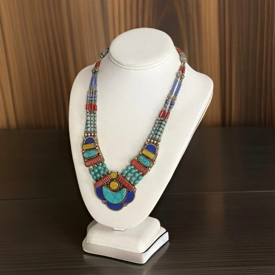 Nepal Tibetano Babero Collar Turquesa Nepal Étnico Lapislázuli Hecho a Mano Joyería Boho  Foto 2 de 4