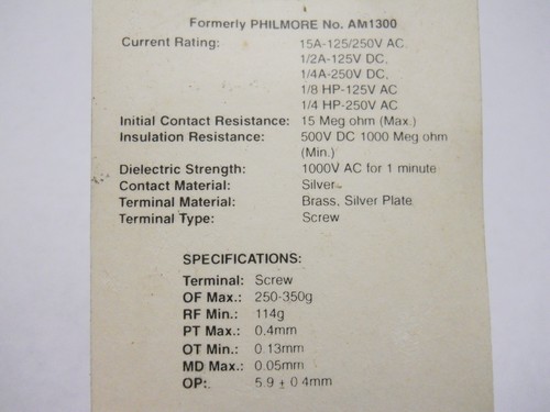 Snap Action Switch, SPDT W/ Pin Plunger (30-1300) (New Old Stock)(QTY 1 ea)OFC - Picture 4 of 4